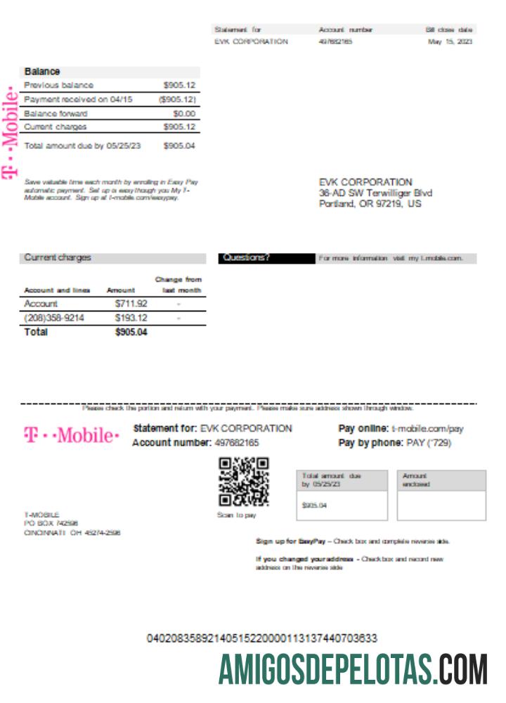 SCR da conta de negócios de serviços públicos da T Mobile nos EUA exemplo